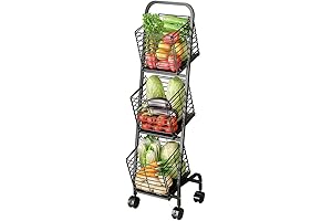 3-Tier Storage Basket Steel Fruit Basket Stand, Rolling Kitchen Wire Market Basket...