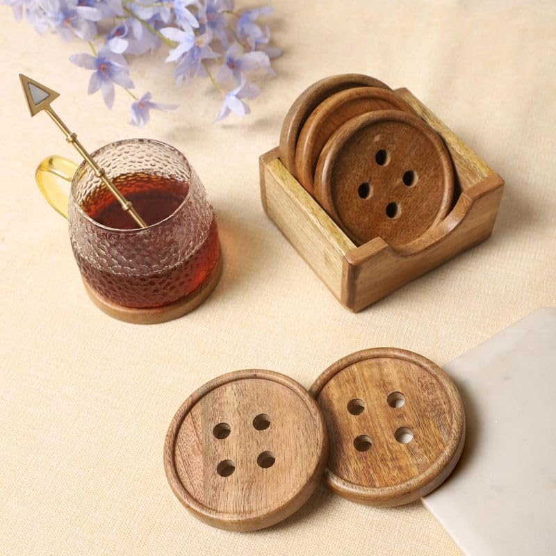 DESERT WOOD ARTS Modern Round Wooden Coasters Set for Coffee Mug Tea Cup Table Protection Button Shape Natural Wood Coaster Holder Set for Home Kitchen Dining Living Room Décor-image-33
