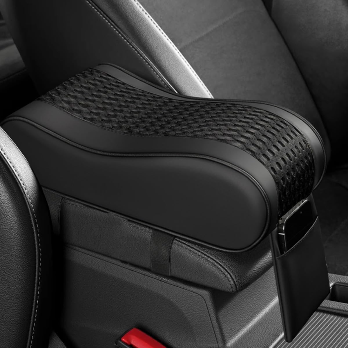 Photo 1 of Tuxihapp Car Armrest Cushion, Memory Foam Auto Center Console Armrest Pillow Pad with Storage Bag, Breathable Leather Car Middle Console Protective Pad with Phone Holder Relieve Elbow Pressure (Black)