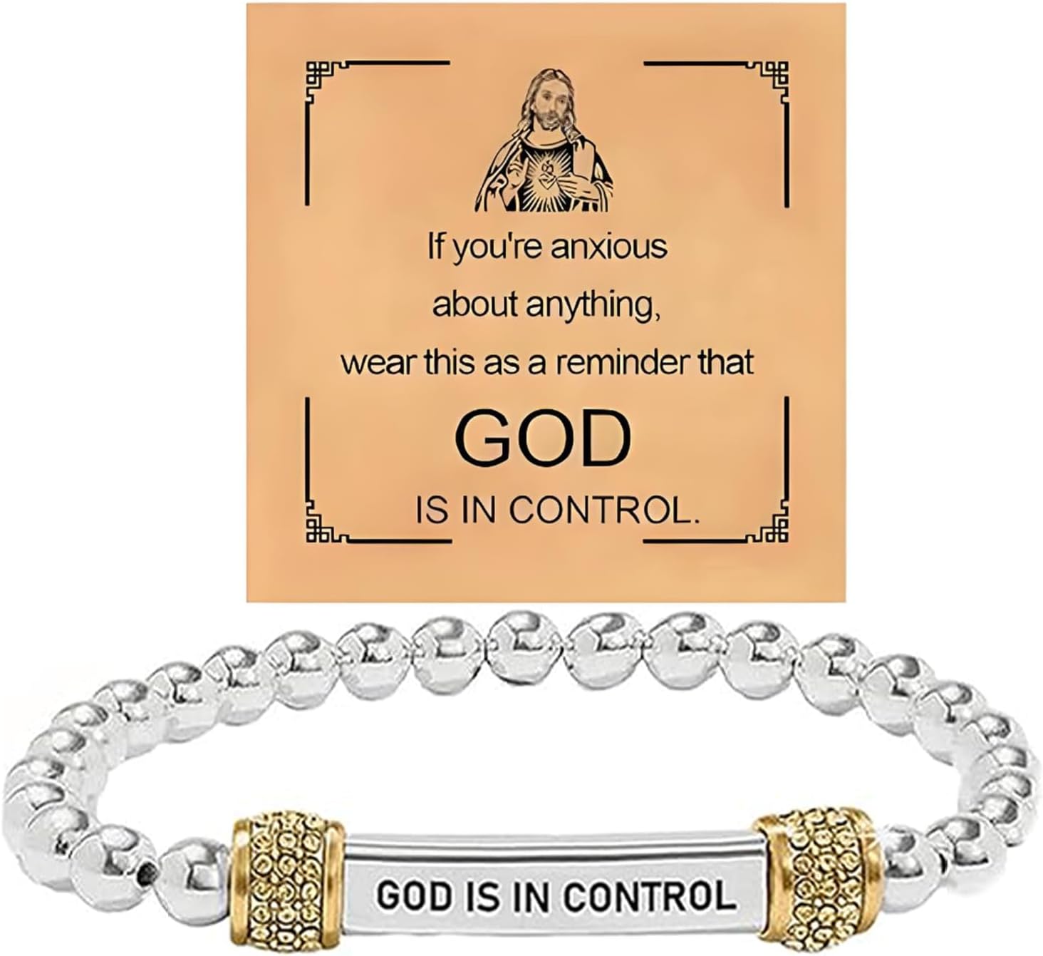 God Is in Control Bracelet For Women, Dainty Diamond Beaded Stretch Bracelet Religious Inspirational Bible Verse Engraved Stainless Steel Tube Christian Faith Self Worth Motivational Jewelry Gifts