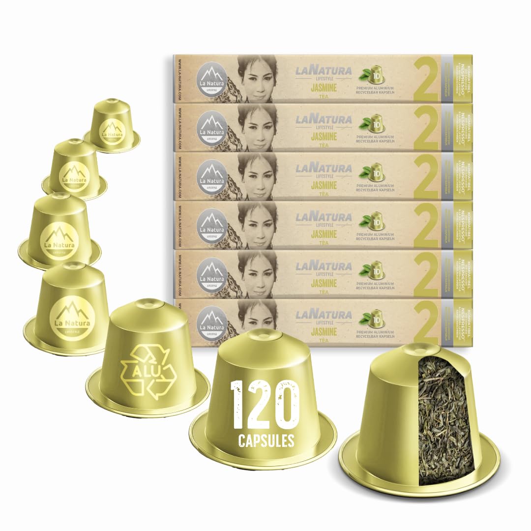 La Natura Lifestyle 120 x zielona herbata jaśminowa w kapsułkach aluminiowych, kompatybilne z ekspresami na kapsułki Nespresso®³, w 100% nadaje się do recyklingu, naturalny zielony jaśmin herbata z