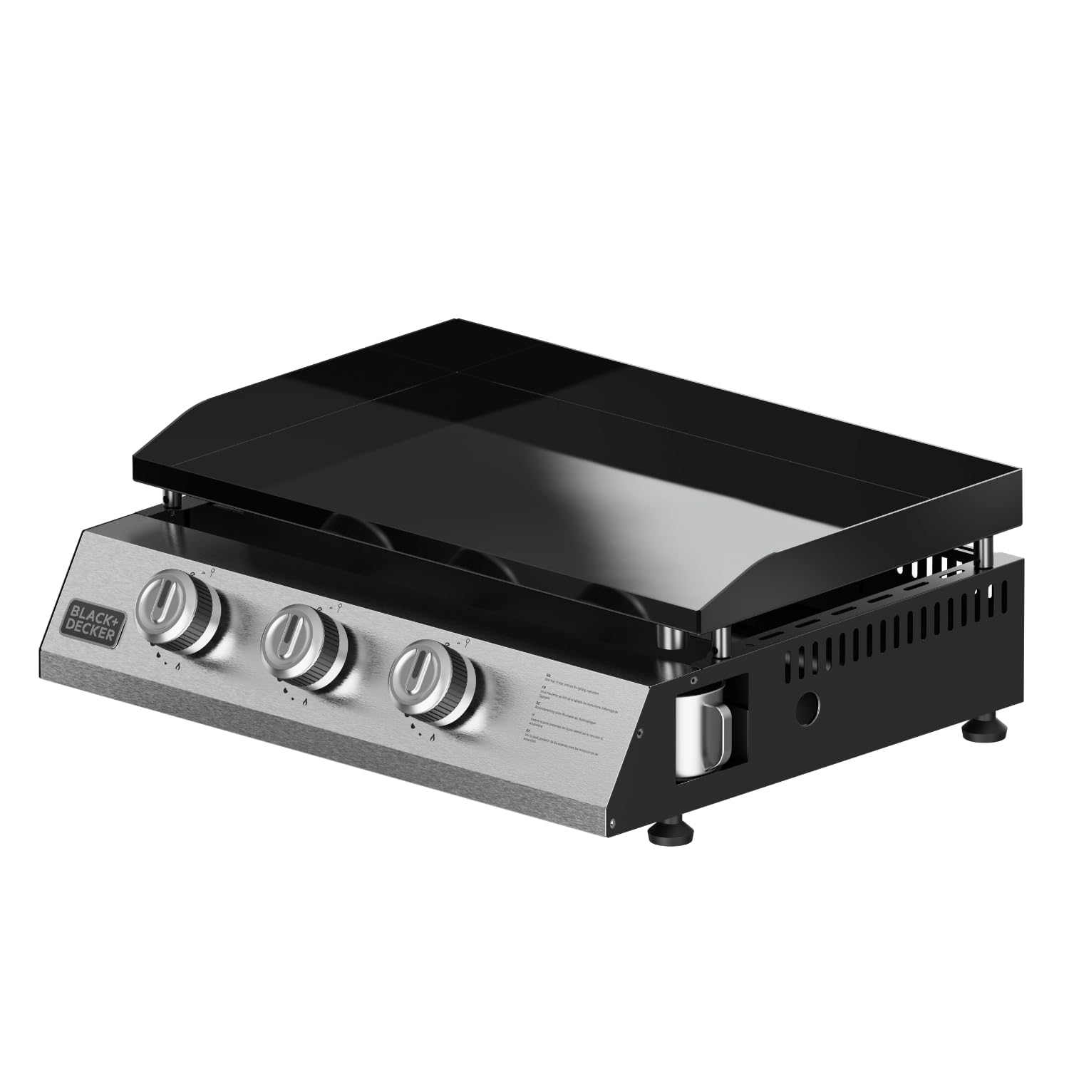 Black+Decker – Plancha de gas BXOP7350E | 3 quemadores | Parrilla de acero | Amplia superficie de cocción | 12 Personas | Para bombona gas estándar España/Italia | Patas Ajustables | Limpieza Fácil