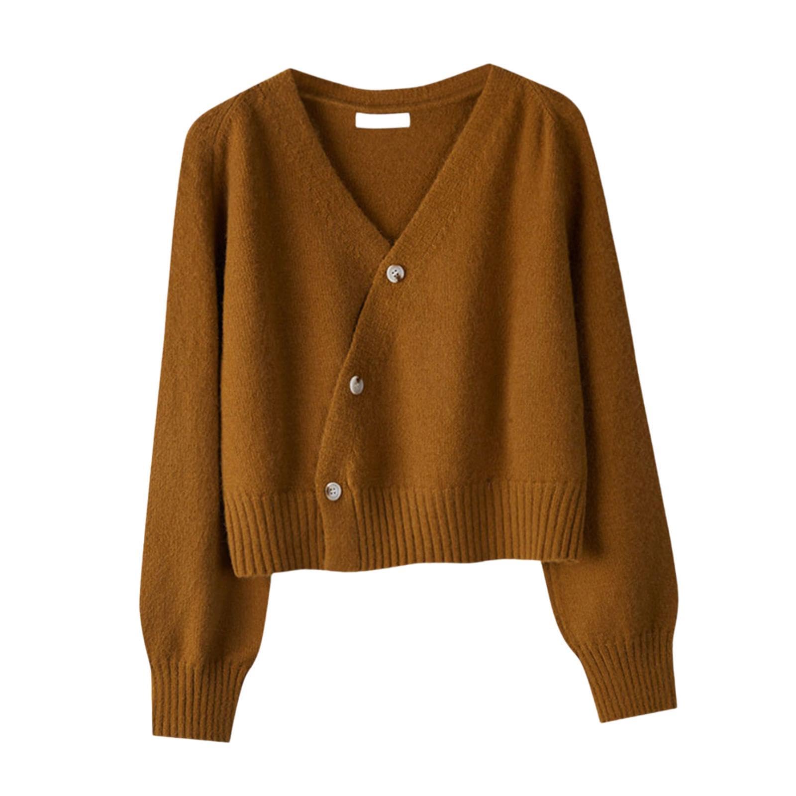 Women's Cardigan Sweater for Fall Winter Jacket Clothes V Neck Crop Cardigan Brown-image-37