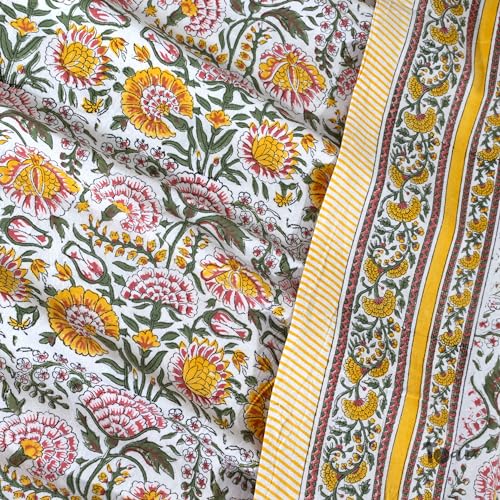 Image of TOAI Bedsheet for Double Bed King Size 108 inch x 108 inch |100% Pure Cotton 210TC | Hand Block Printed Jaipuri Bedsheet | 2 Reversible Pillow Covers 18 inchx27 inch |White Yellow Florals