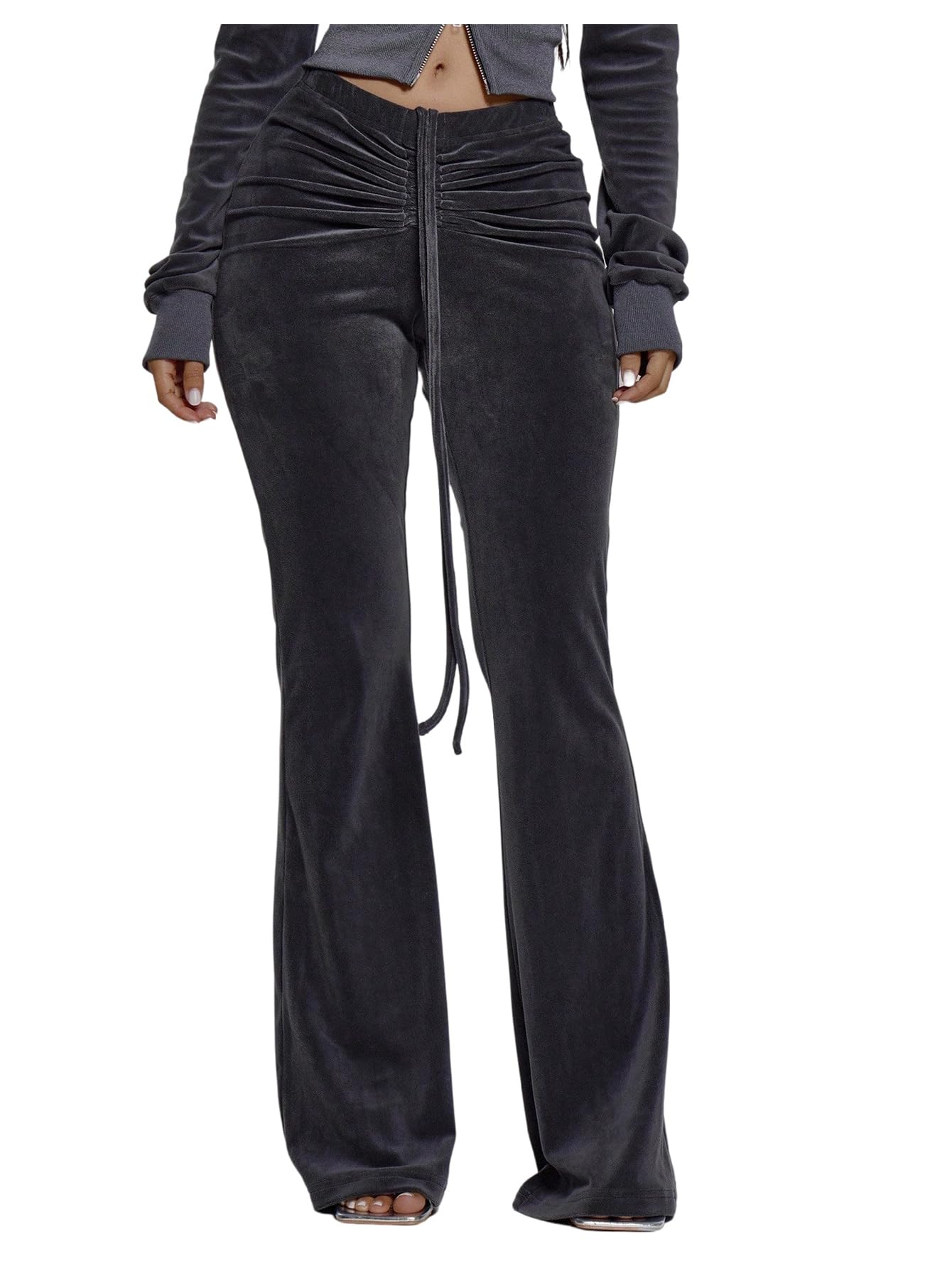 Womens Ruched Flare Leg Pants Drawstring Bell Bottom Skinny Legging Pants with Pockets
