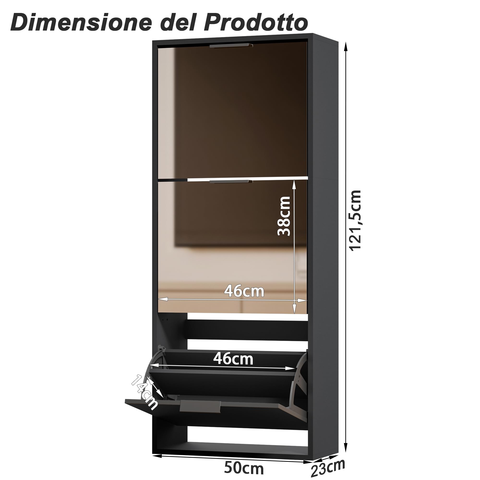 UEV Zapatero 3 Puertas de Espejo, Zapatero Funcional con Espejo, para Entrada, 50 x 23 x 121,5 cm, Negro