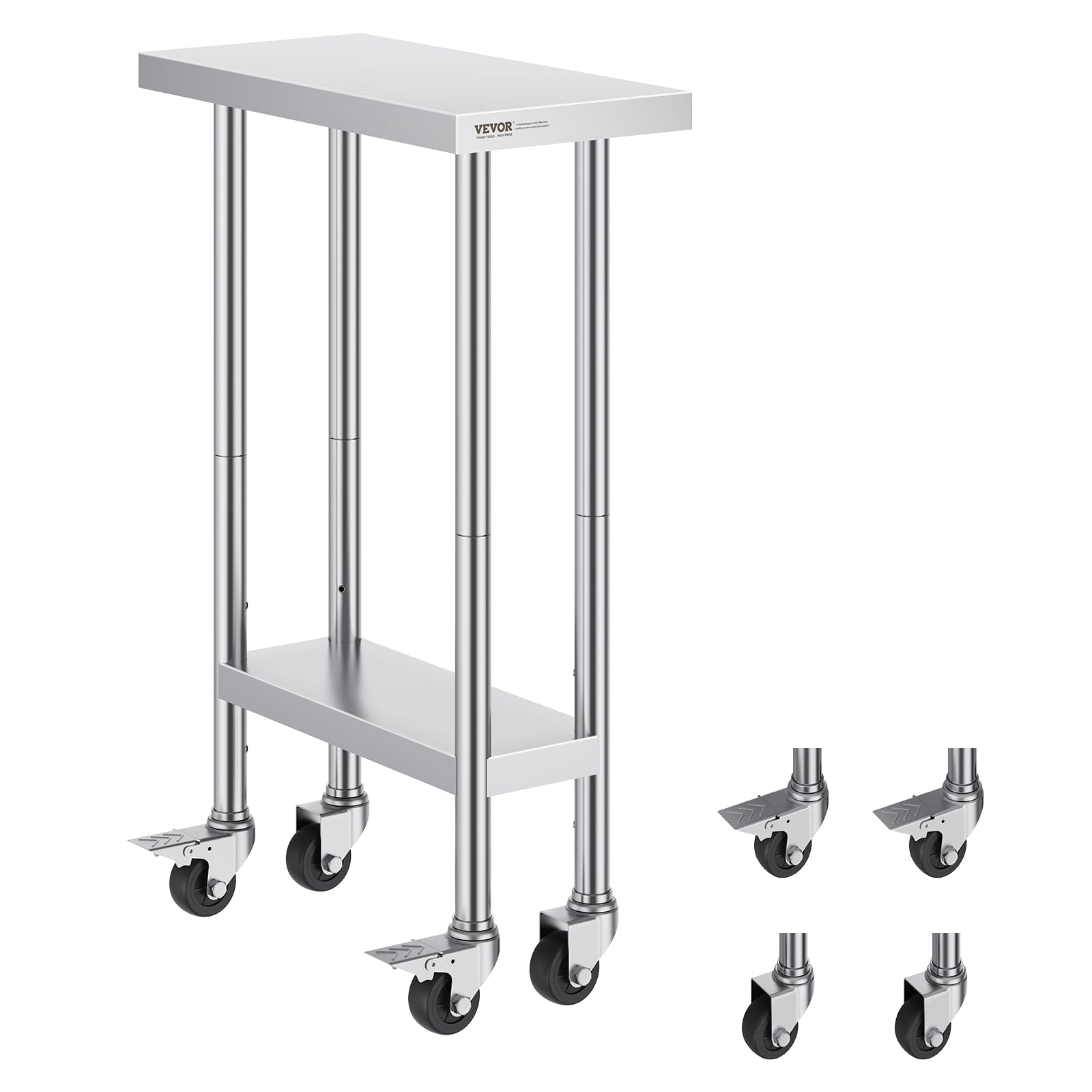 VEVOR Stainless Steel Work Table 24 x 12 x 38 Inch, 500 LBS Load Capacity with 4 Wheels, 3 Adjustable Height Levels, Heavy Duty Food Prep Worktable for Commercial Kitchen Restaurant, Silver
