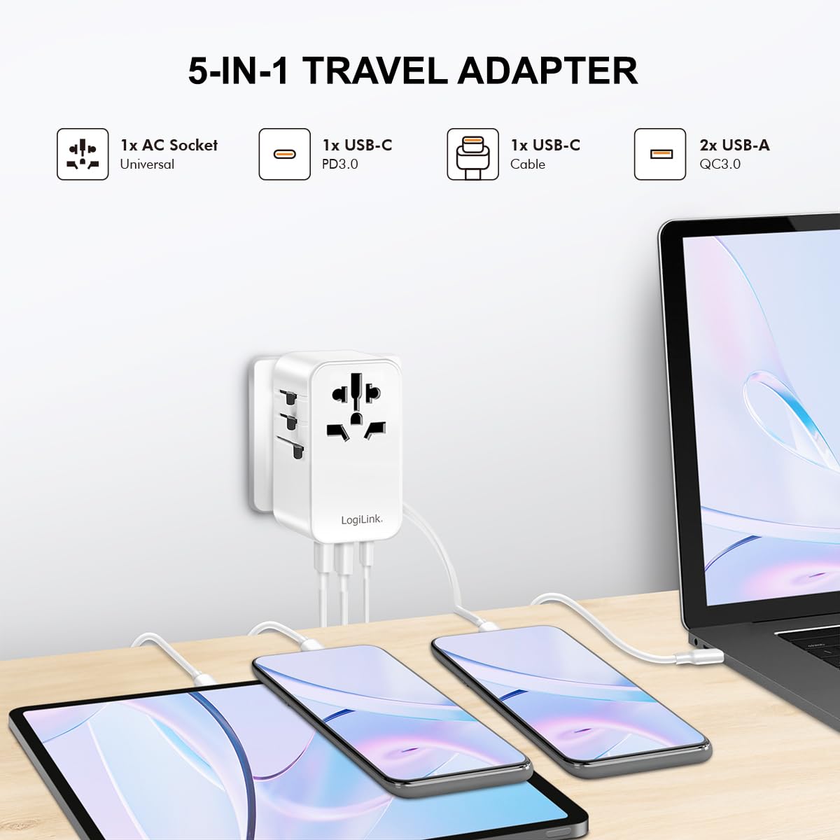 LogiLink PA0357 - Fuente de alimentación Universal de Viaje con 10 Tipos de Enchufe para >200 países, 70 W y PD (PowerDelivery) y QuickCharge, 3 Puertos USB, ignífugo