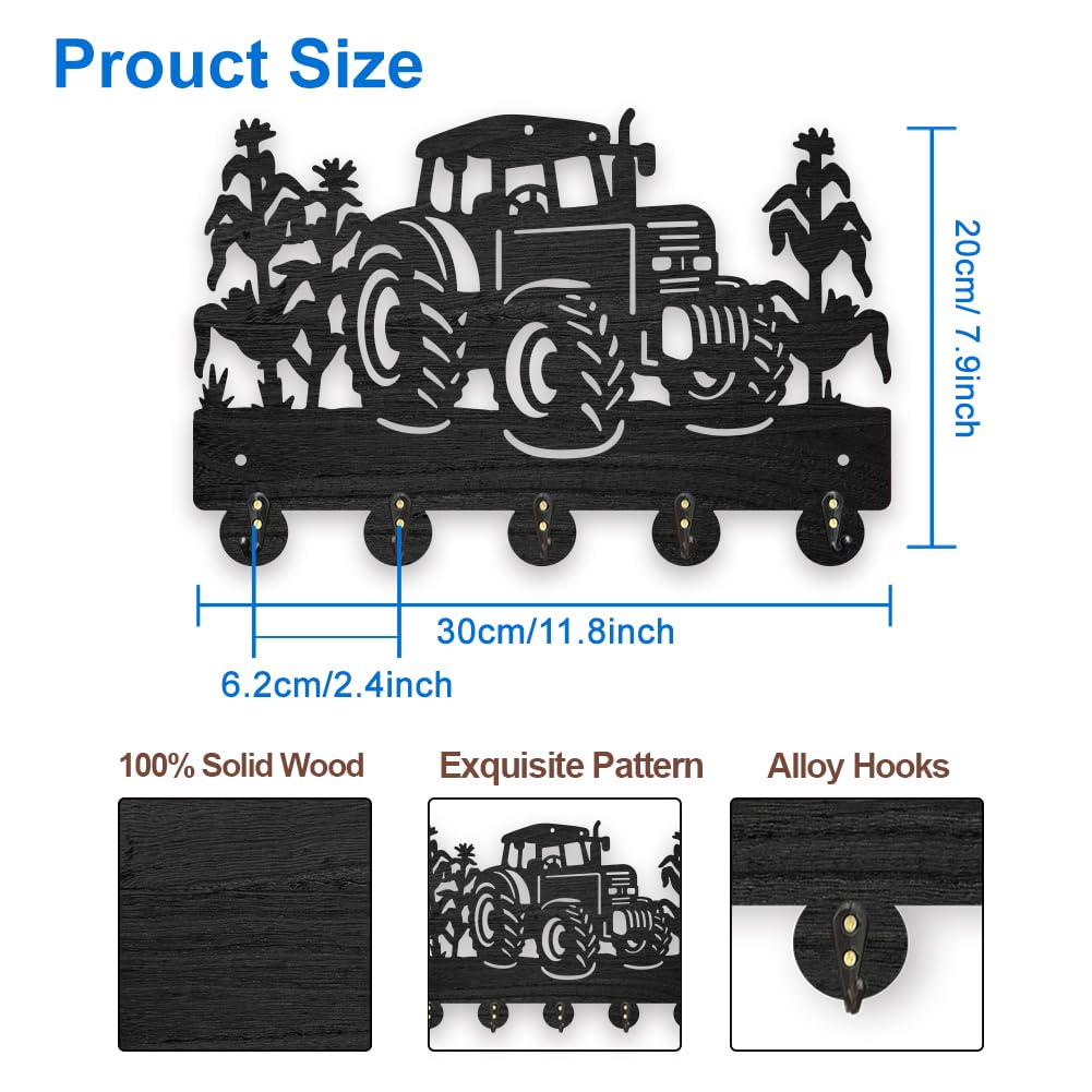 MAYJOYDIY Ganci appendiabiti da parete in legno per trattore di mais, portachiavi da parete per colture di veicoli da parete 30 × 20 cm, regalo decorativo in legno nero, portachiavi da parete