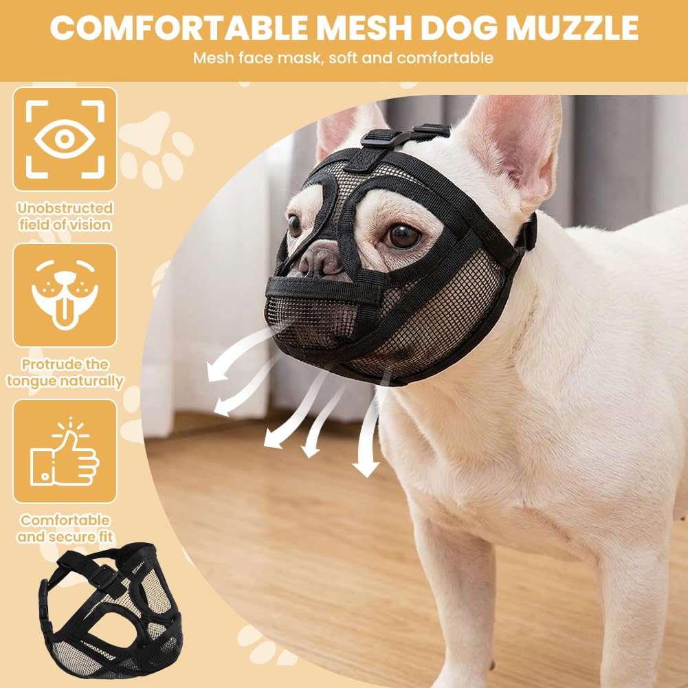 AUAUY Museruola per Cane, Museruola Resistente per Cani, Mascherina in Rete Traspirante, Prevenire i Morsi alla Corteccia, Museruolas per Shih Tzu e Bulldog inglesi, Acqua e Cibo Consentiti (Nero, S)