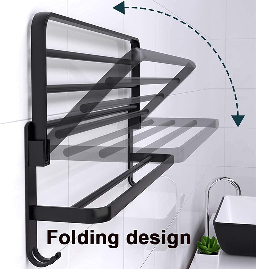 Składany wieszak na ręczniki z podwójną ścianką, matowy czarny aluminiowy wieszak na ręczniki do łazienki, 50 cm, oszczędzający miejsce uchwyt na ręczniki z haczykami ściennymi, stylowy i designerski