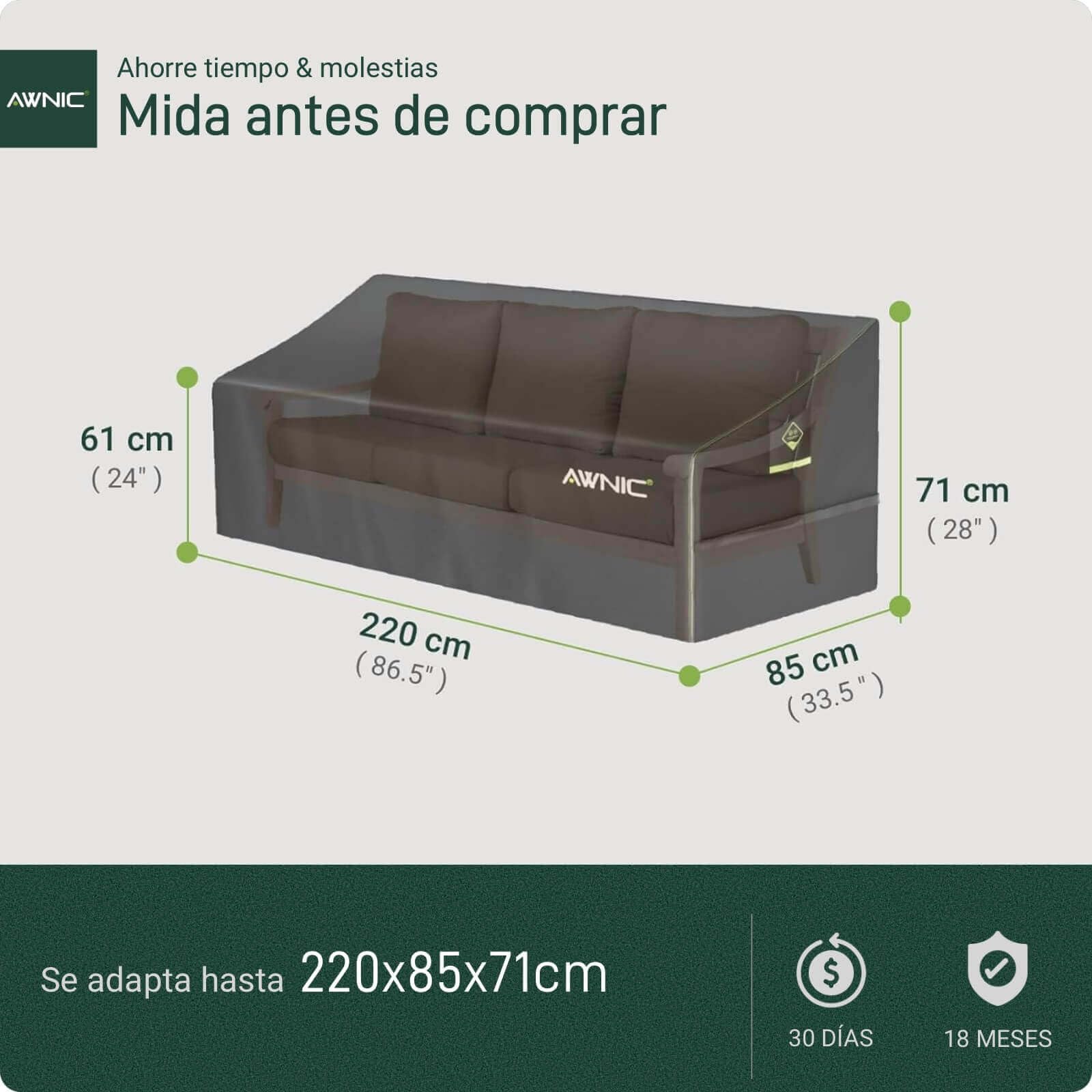 AWNIC Funda Sofa Exterior Impermeable 3 Plazas Funda de Muebles de Jardín Impermeable Resistente a los Rayos UV y al Desgarro Cubre Sofa 420D Polyestere Funda Sillon Terraza 220x85x61/71cm