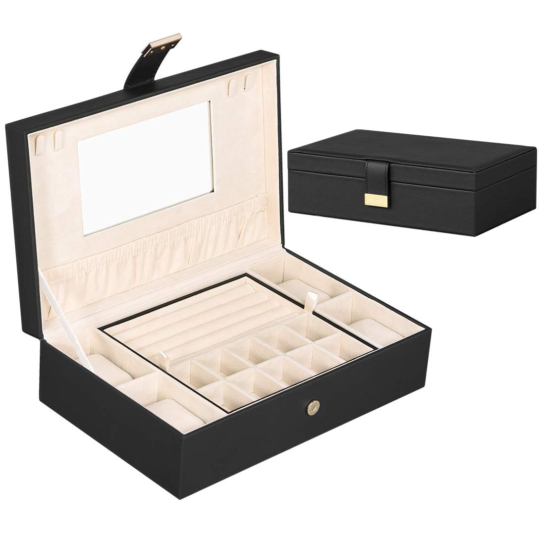 Jewelry Box Organizer with 4 Watch Case and Removable Tray, Jewelry Display Storage Case, Velvet Lining, for Earring Ring Bracelet Case for Women Girls - Black PU Leather(Black)