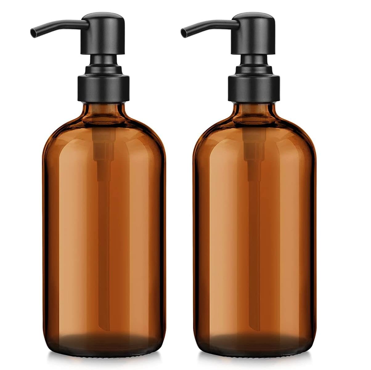 FUFU Glass Soap Dispenser, 2-Pack Clear Glass Soap Dispenser with Pump Bronze Rustproof, 16 Oz Bathroom Hand Soap Dispenser Bottle for Liquid Lotion, Kitchen Dish Soap Dispenser (brown)