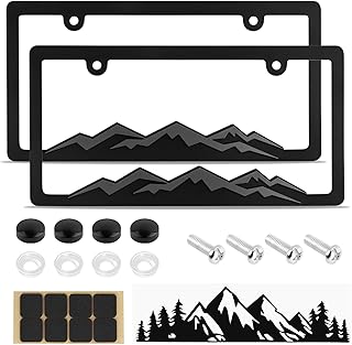 2PCS Car License Plates Frames with Raised Mountain Pattern & Mountain Car Decal,Stylish Cars Plates Frame with Screws & Caps,Decorative Cars Accessories Thin License Plate Frame