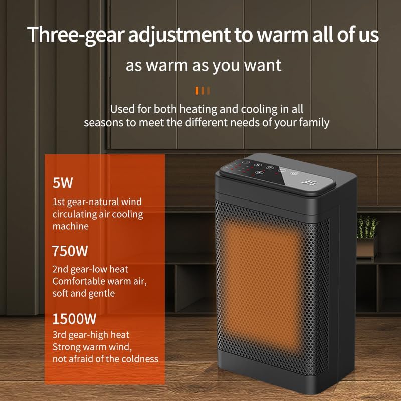 Diagram showing dimensions and specifications of the WHATOOK Electric Space Heater in both mechanical and remote control versions