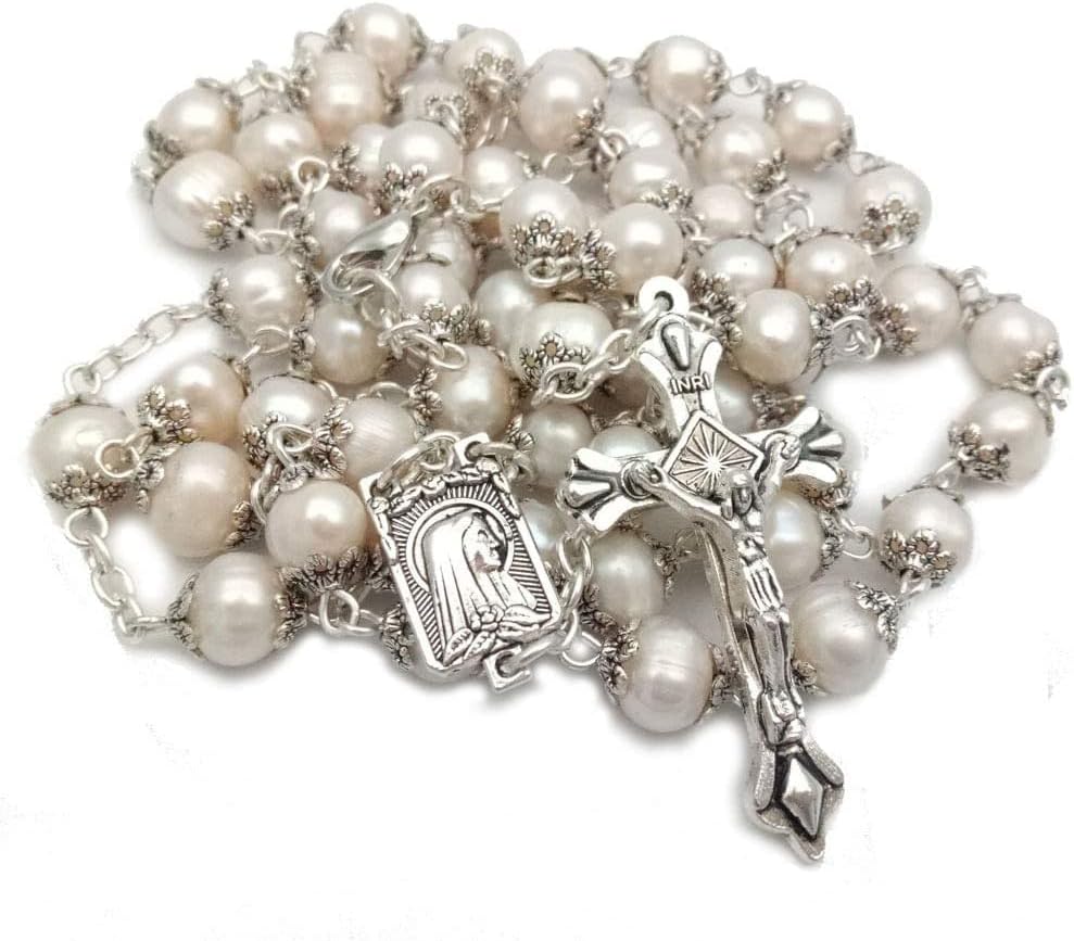 Rosary Beads Catholic for Woman - White Natural Real Pearl Rosary Beads. - Image 4