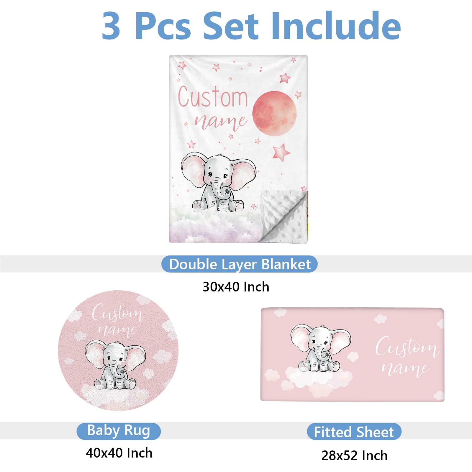 KAINSY Personalized Crib Bedding Set for Baby, Soft Girls Nursery Bedding Crib Sets, 3 Pcs Double Layer Custom Name Baby Crib Set, Pink Elephant Baby Bedding Set, Toddlers Infants Customized Gifts