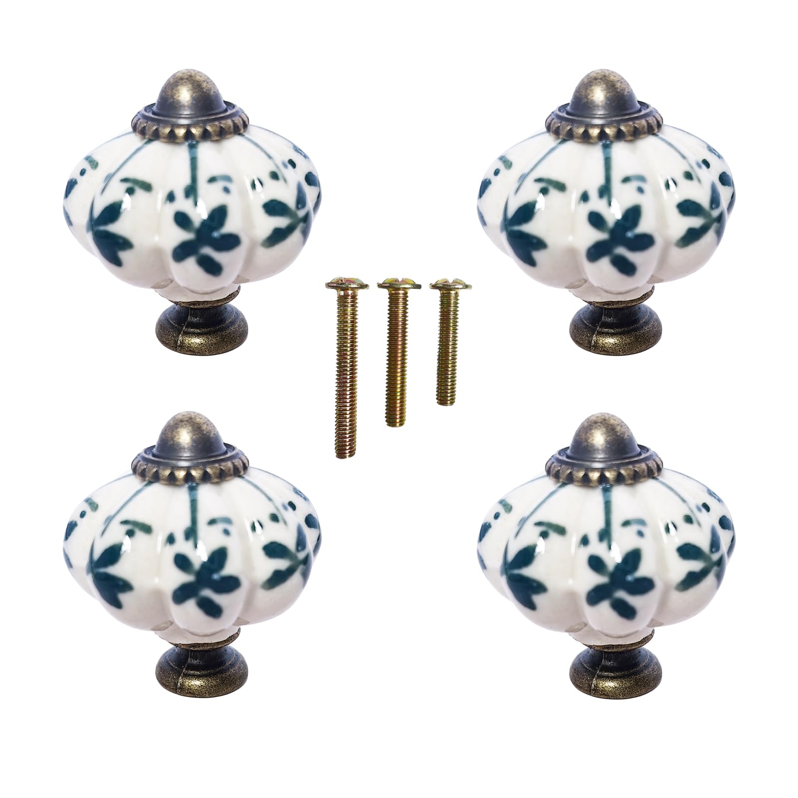 Eledabra Ivory & Green Pumpkin Knobs 4 Pack Ceramic Cabinet Knobs Vintage Drawer Pulls - Antique Dresser Pulls with Screws - Green Flower
