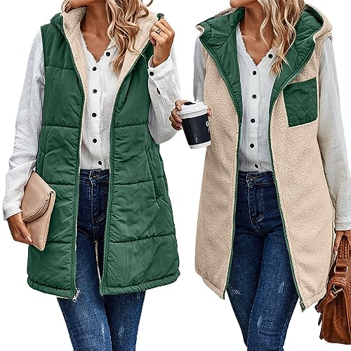 Long Puffer Vest Women Quilted Down Jackets Sleeveless Fleece Jacket Reversible Winter Coat Zip Up Hoodie with Pocket4
