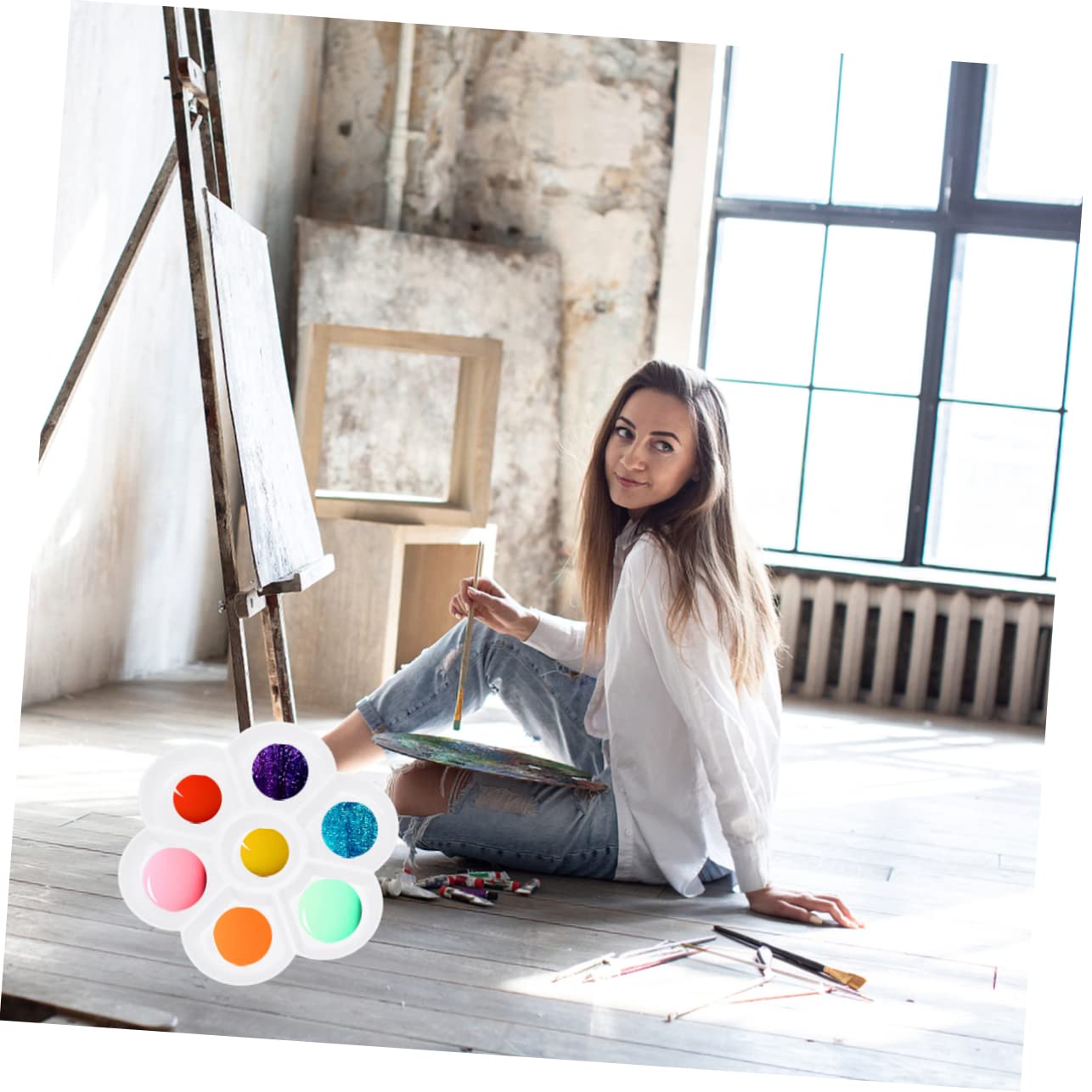 ERINGOGO Watercolor Palette 7 Compartment Box Flower Shape Boys and Girls Art Painting Palette Portable Mixing Board for School Art Classes