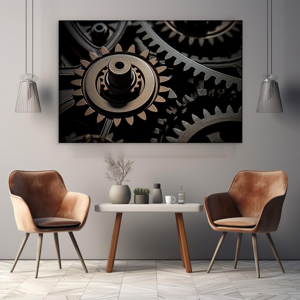 Canvas for Living room. Intricate Symphony of Interlocked Metal Gears - A Close-Up Study, 27 x 18 inch Canvas Wall Art - Nature Home Decor