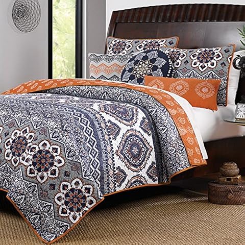 Finely Stitched Boho Chic Moroccan Paisley Pattern Grey Orange Cotton 3 Piece King Size Quilt Bedding Set - Includes Bed Sheet Straps Cover