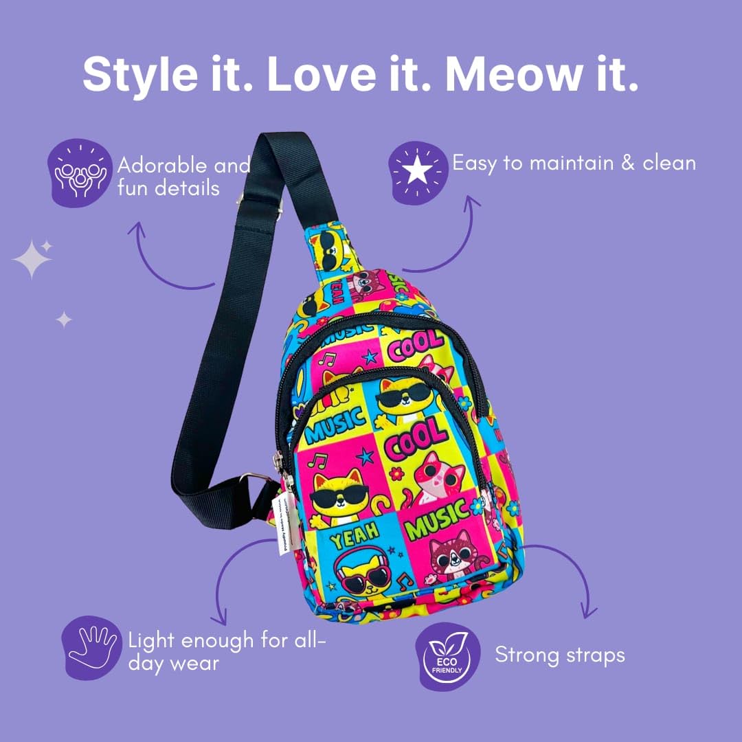 Cots and Cuddles 10pc Cat Print Colourful Cross body Bags for Boys and Girls Kids School, Picnic, Return Gifts, Office 4