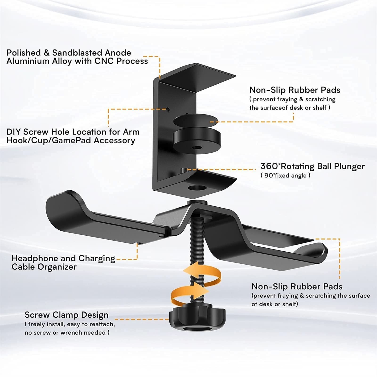 Supporto per cuffie Doppio supporto for cuffie girevole a 360° Gancio sotto la scrivania Supporto for for for in alluminio Compatibile con universali, Nero