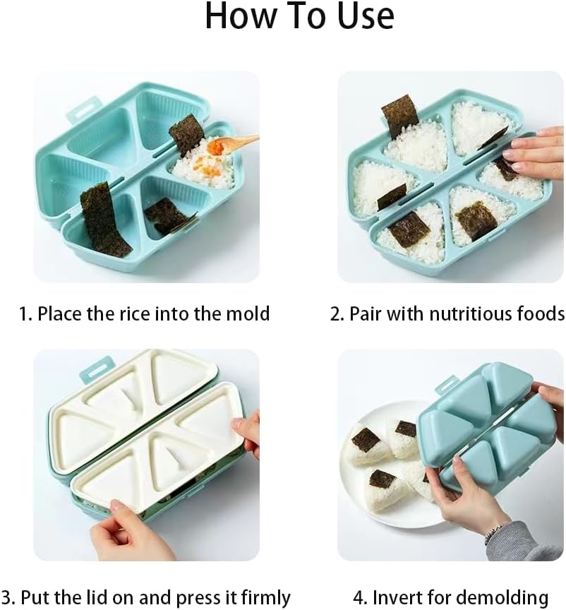 6 in 1 Onigiri Mold, Triangular Sushi Mold, Quick to Make & Easy to Use, Store, Carry and Clean, Perfect for Making Sushi and Rice Balls (Beige+Blue)