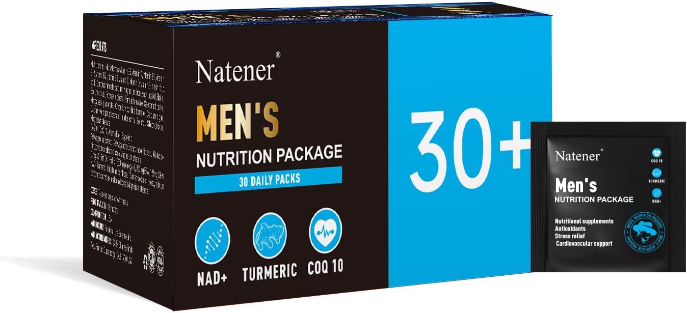 Natener Man 6 en 1 2070 mg de vitamina y suplemento paquete diario  100 mg CoQ10 + 1000 mg Omega-3 + 260 mg Ashwagandha + 250 mg NAD + 400 mg
