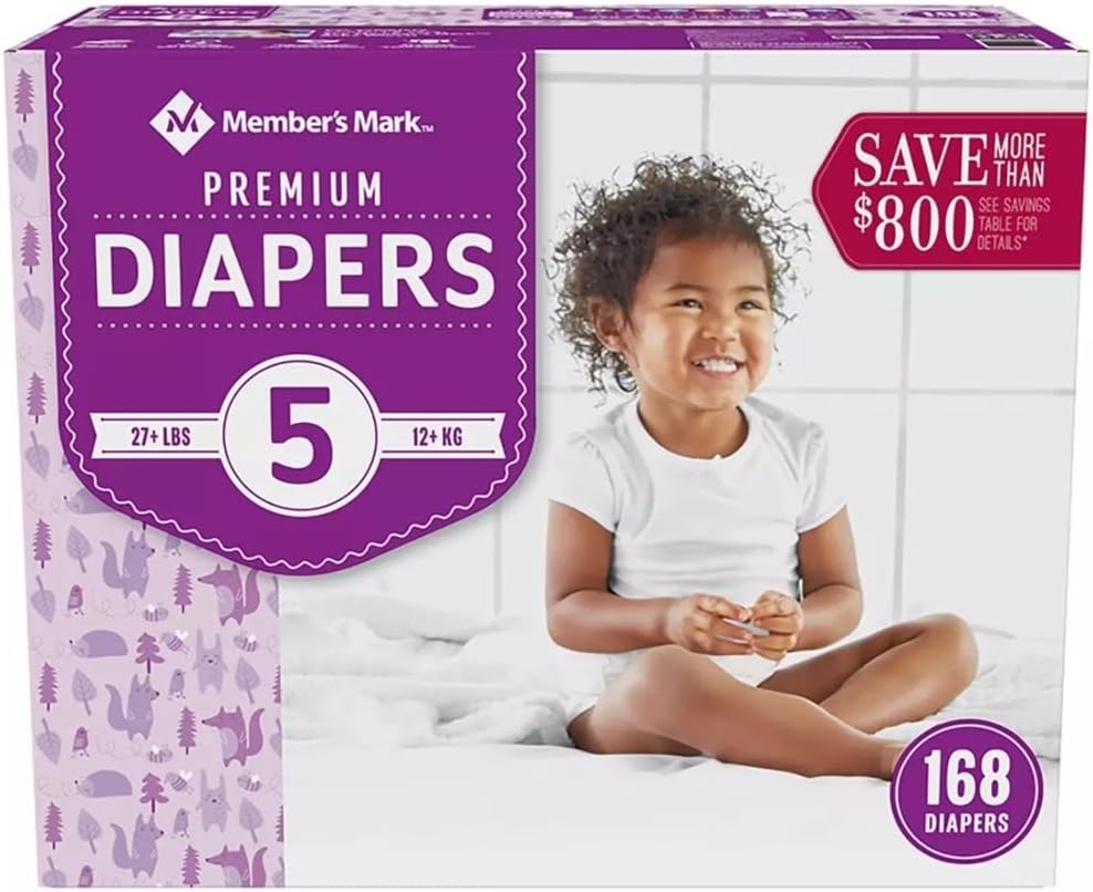 Member's Mark Premium Baby Diapers Size 5 (27+ Pounds), 168 Count