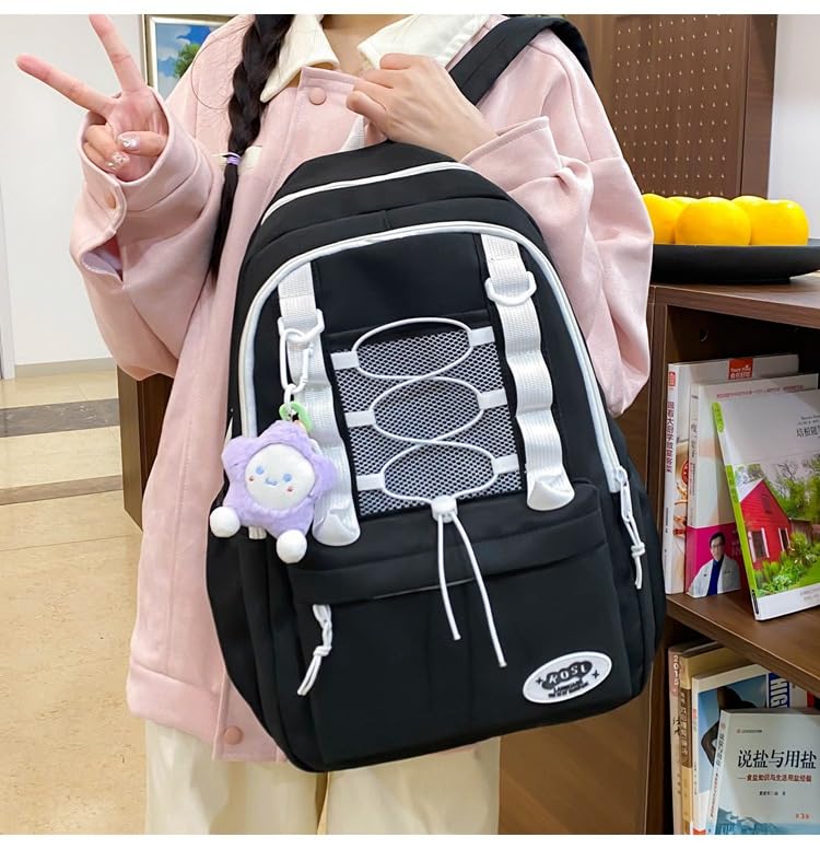 College Style Backpack Set of 3, Kawaii Simple Stylish 3-In-1 Bookbag Set, Cute Large Capacity Nylon Rucksack (Black)4