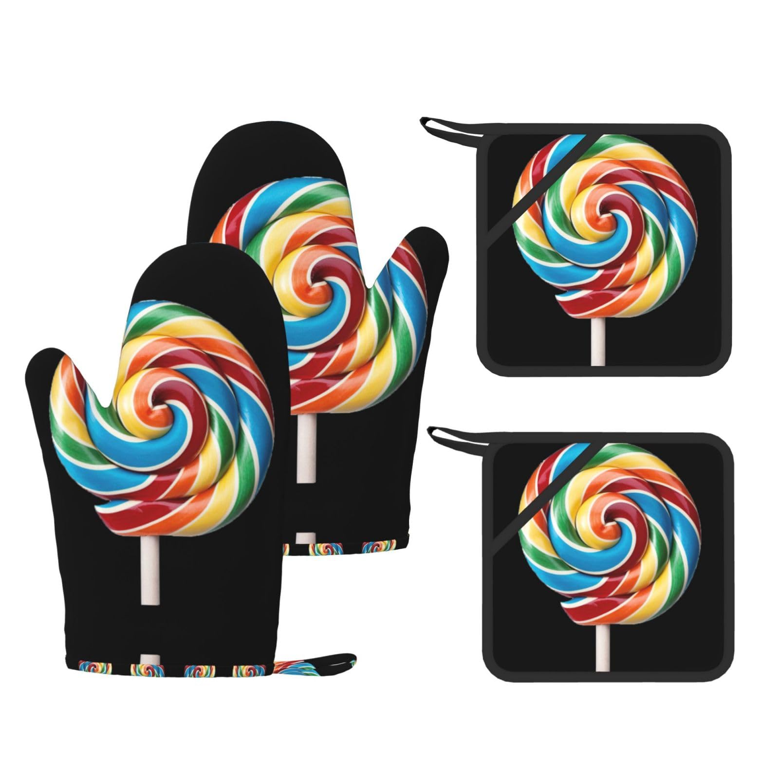 Eeprty Black Lollipop Printed Kitchen Oven Gloves And Potholder 4 Pcs, Non-Slip Heat Resistant Mitts For Baking Chef