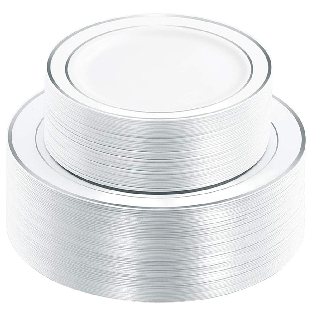 WDF 120PCS Plastic Plates White Silver Rim - Disposable Plates including 60PCS for Dinner 10.25inch, 60 Salad/Dessert Plates 7.5inch Heavy Duty Wedding Party Birthday