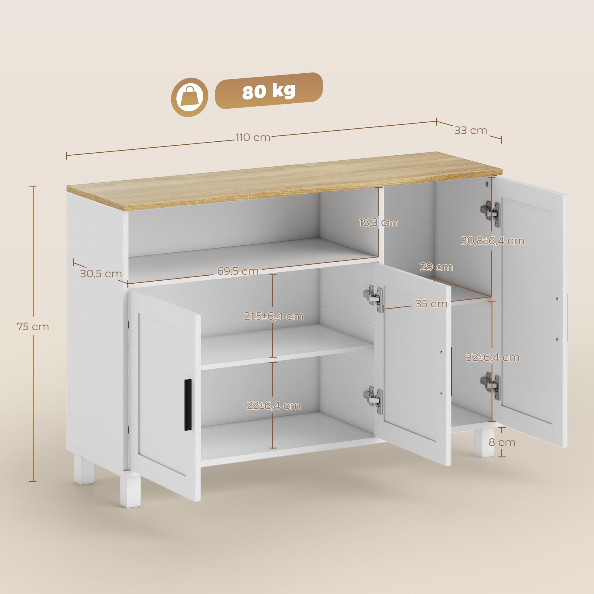 HOMCOM Buffet 3 Portes à Fermeture Amortie 110 x 33 x 75 cm Blanc | Meuble de Rangement, Compartiment Ouvert, Étagères Réglables, Style Moderne, Buffet Salle à Manger, Salon