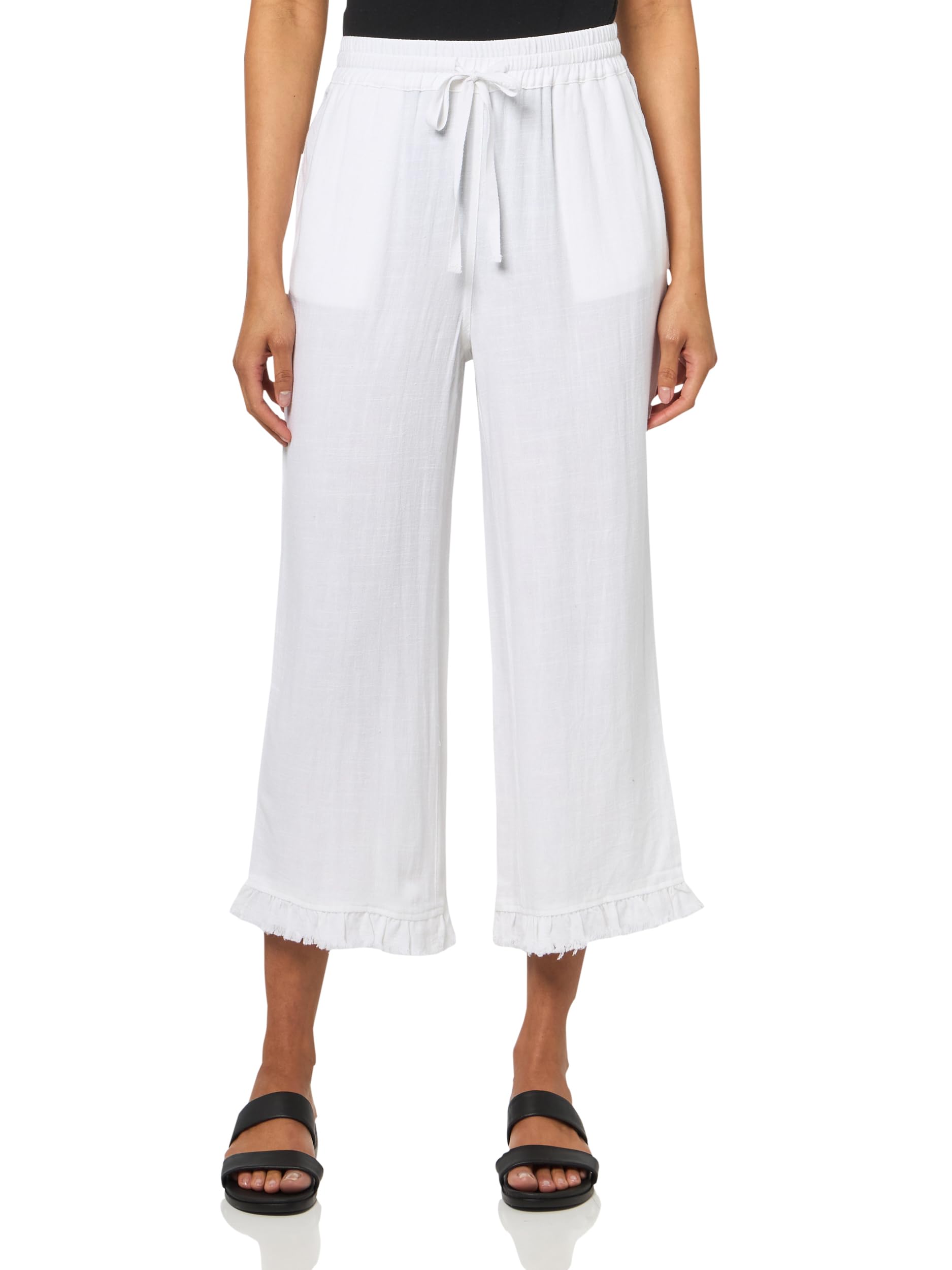 SLIM-SATION Drawstring Elastic Waist Front Pocket Ruffle Hem Crop Pant
