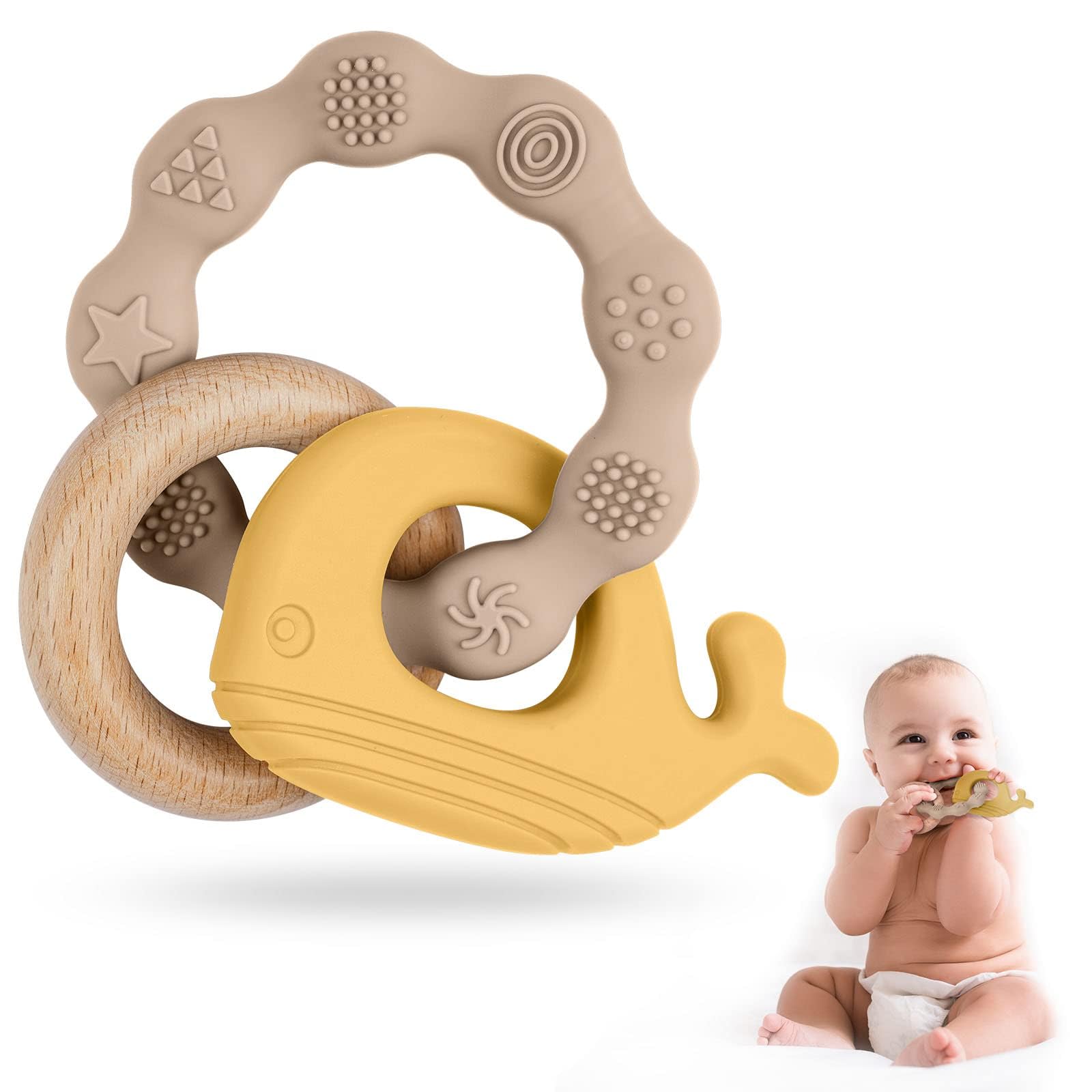 Vicloon Beißring Baby, Beißspielzeug Zahnungshilfe aus Silikon & Holz, BPA-frei, Waltierform, Zahnen Nursing Zubehör für ab 3 Monaten Babys, Mädchen Junge Geschenk (Wal-Gelb)