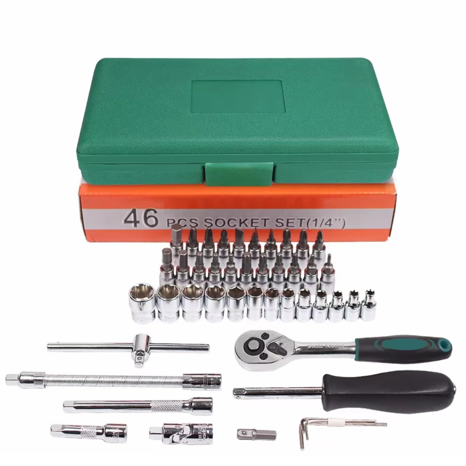 Juego Llaves Vaso Juego De Herramientas De Reparación De Automóviles 46 Uds Enchufes De 1/4 Pulgadas Llave Dinamométrica Trinquete Para Kit Herramientas Combinado(Green)