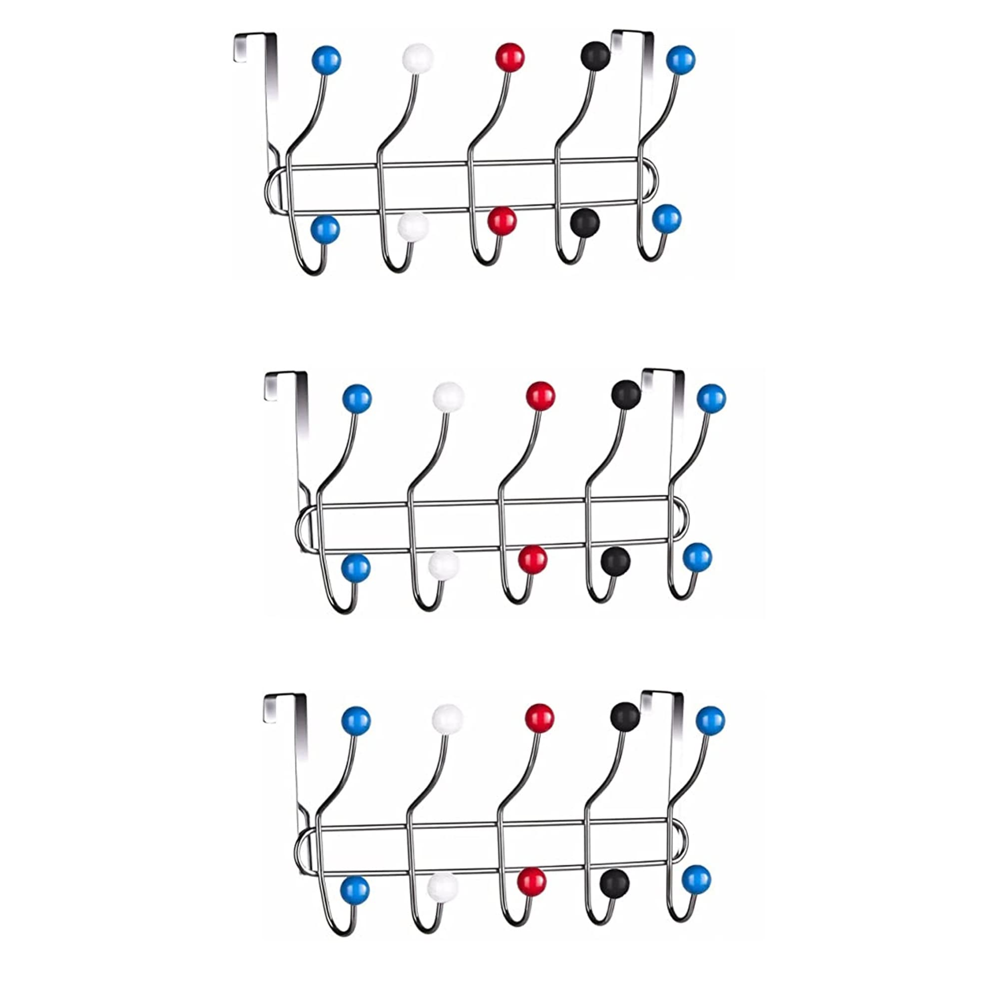 Pnjb 3 Pcs 10 Hook Multi Colour Over The Door Clothes Coat Hanger Rack, Chrome Hangers, Storage Hooks Hanger For Coat, Towel, Bag, Purse, Robe (Multi-Color) (3 Pcs)