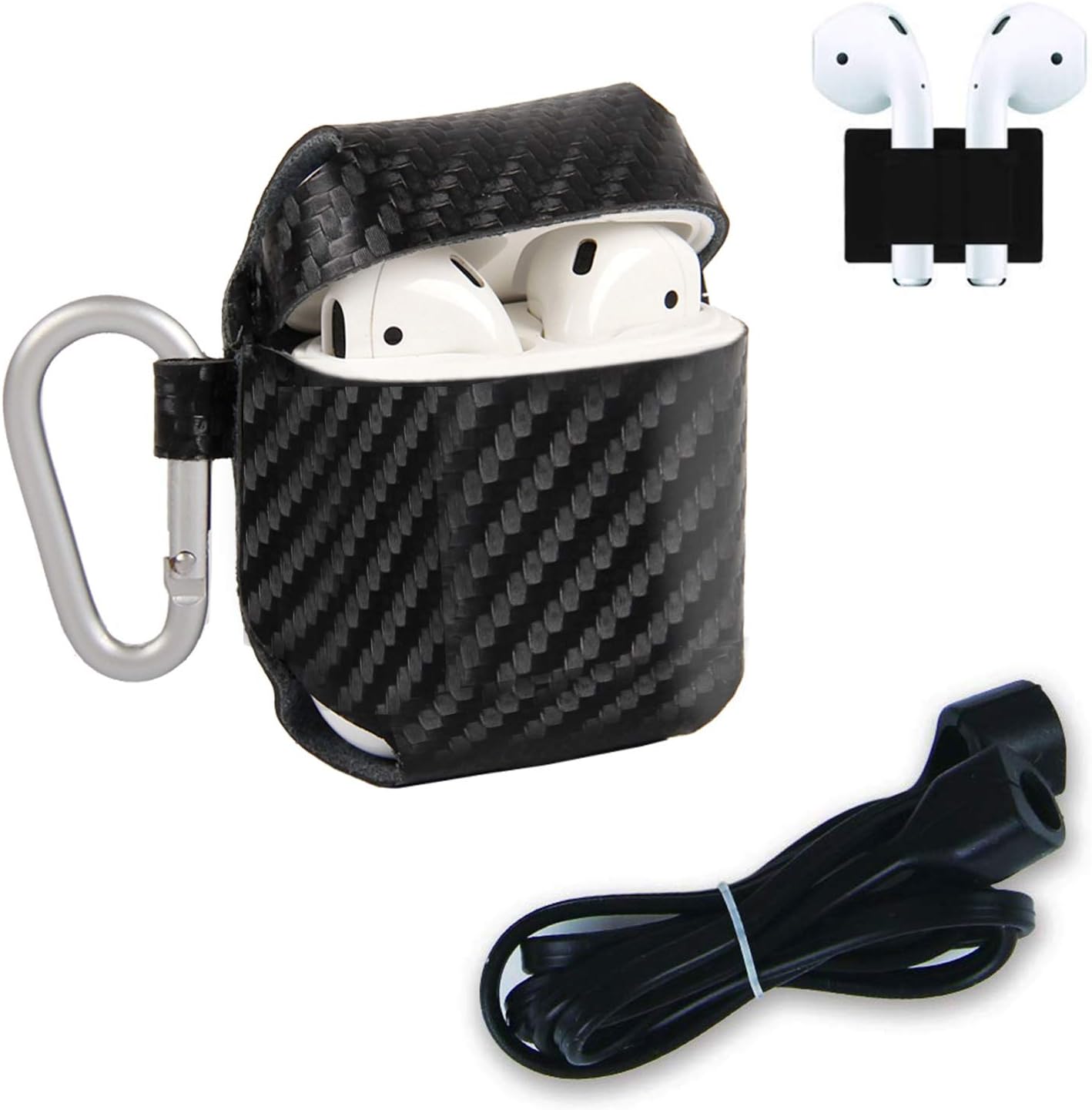 Voken AirPods Case with Strap,AirPods Holder,Protective Leather Cover with Carabiner for Apple Airpods Accessories (Carbon Fiber Black)