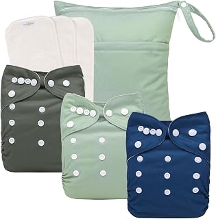 babygoal AWJ Cloth Diapers with Tummy Panel Pack of 7, 3 Diaper Cover with 3 Inserts and Wet Dry Bag, Adjustable Washable Reusable for Baby Girls and Boys