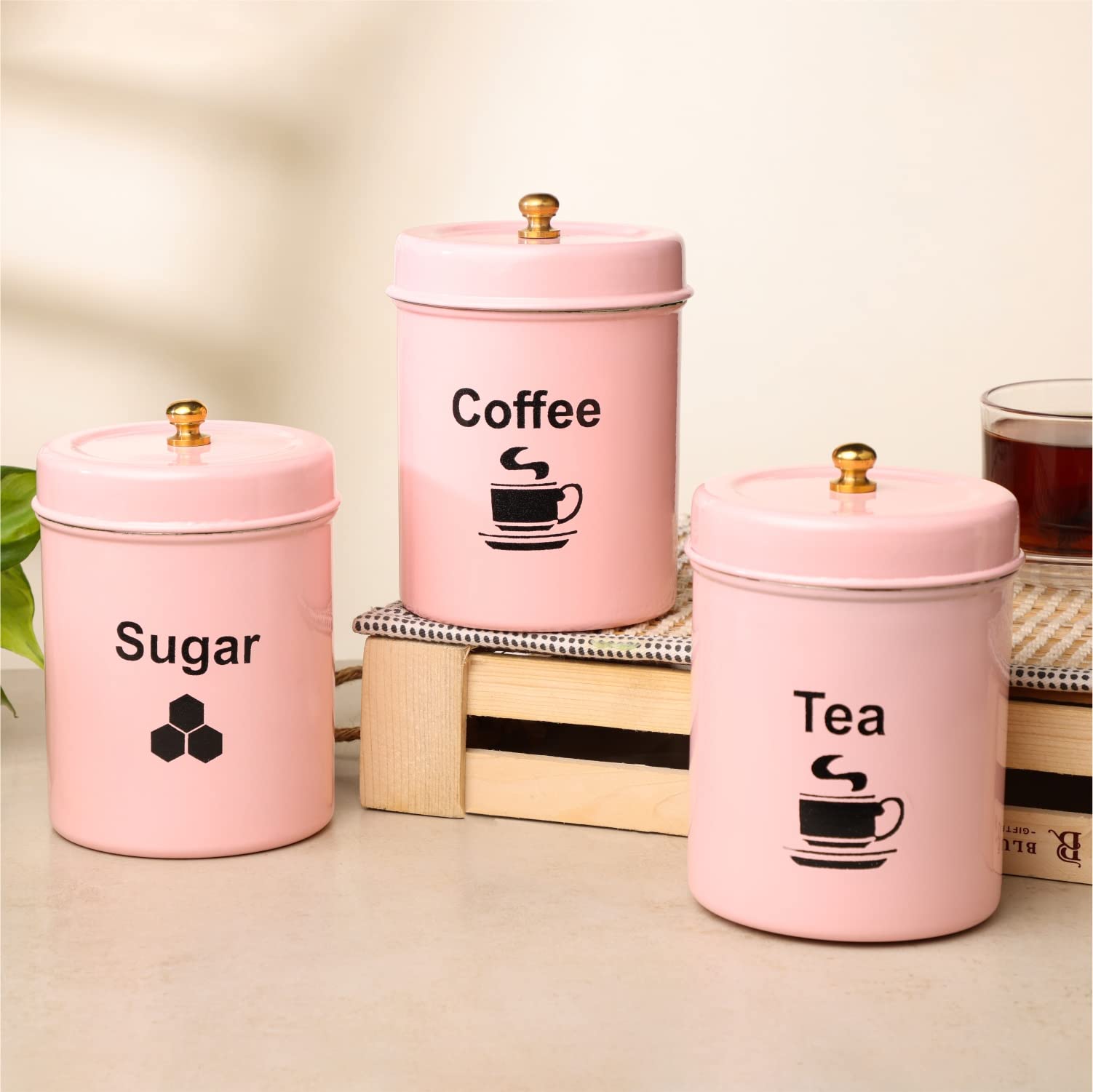 Dudki Quoted Stainless Steel Round Canister/Kitchen Storage for Tea Coffee Sugar pack of 3 (PINK) (B0BC47JPSV) Amazon Price History, Amazon Price Tracker