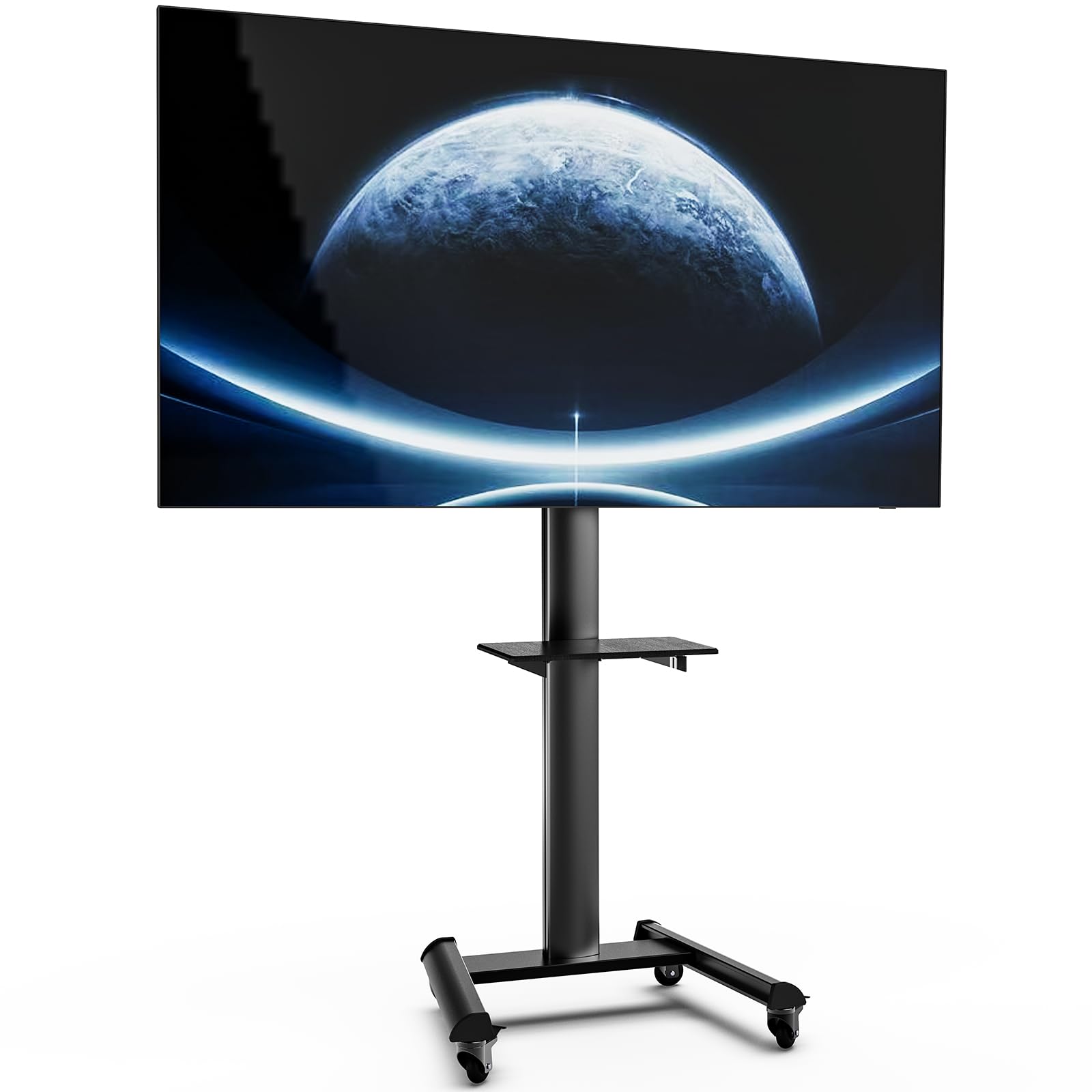 Proton 500 Supporto TV mobile con ripiano, prese di corrente, porte USB, altezza 211 cm, formato verticale orizzontale 32-75 pollici, 40 kg nero