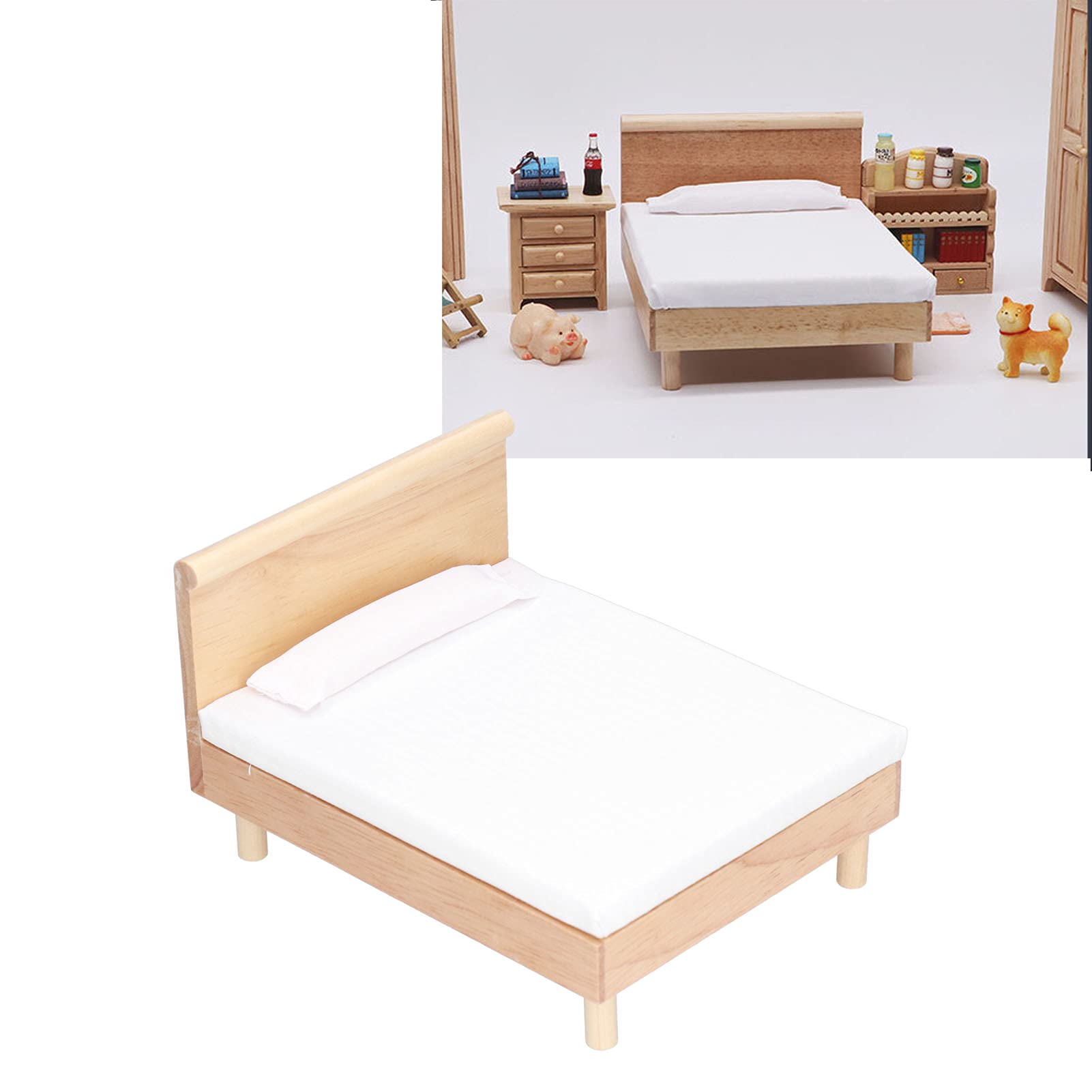 Dollhouse Double Bed, Wooden Frame Oak Miniature Furniture Doll House Decoration Accessories with Decorative Pillow Plush Toy Pillows for 1/12 Scale Dollhouse - Image 4