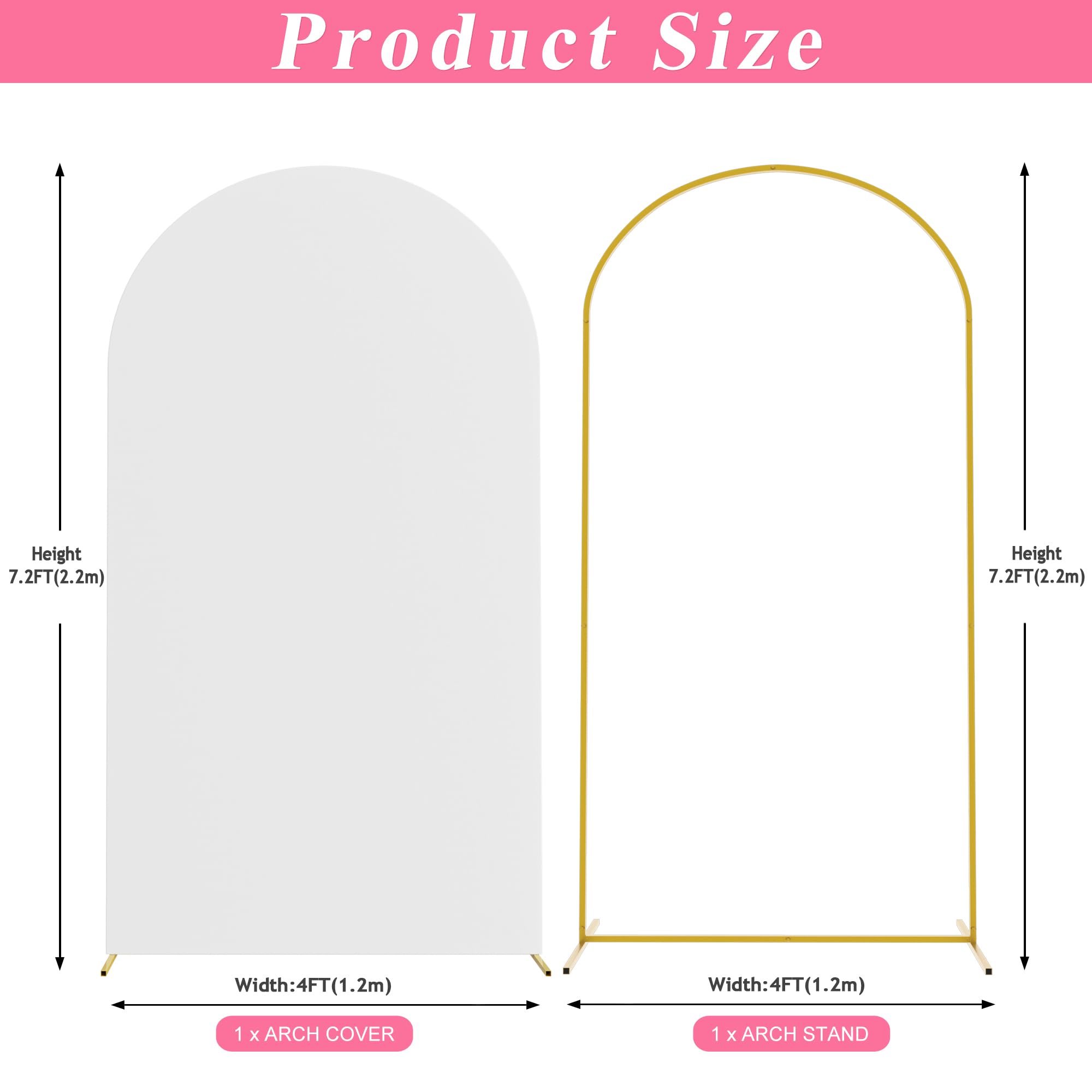 Putros 7.2ft Metal Arch Stand with Cover White Spandex Fitted Wedding Arch Cover and Round Top Chiara Backdrop Stand Set for Birthday Party Baby Shower Decoration