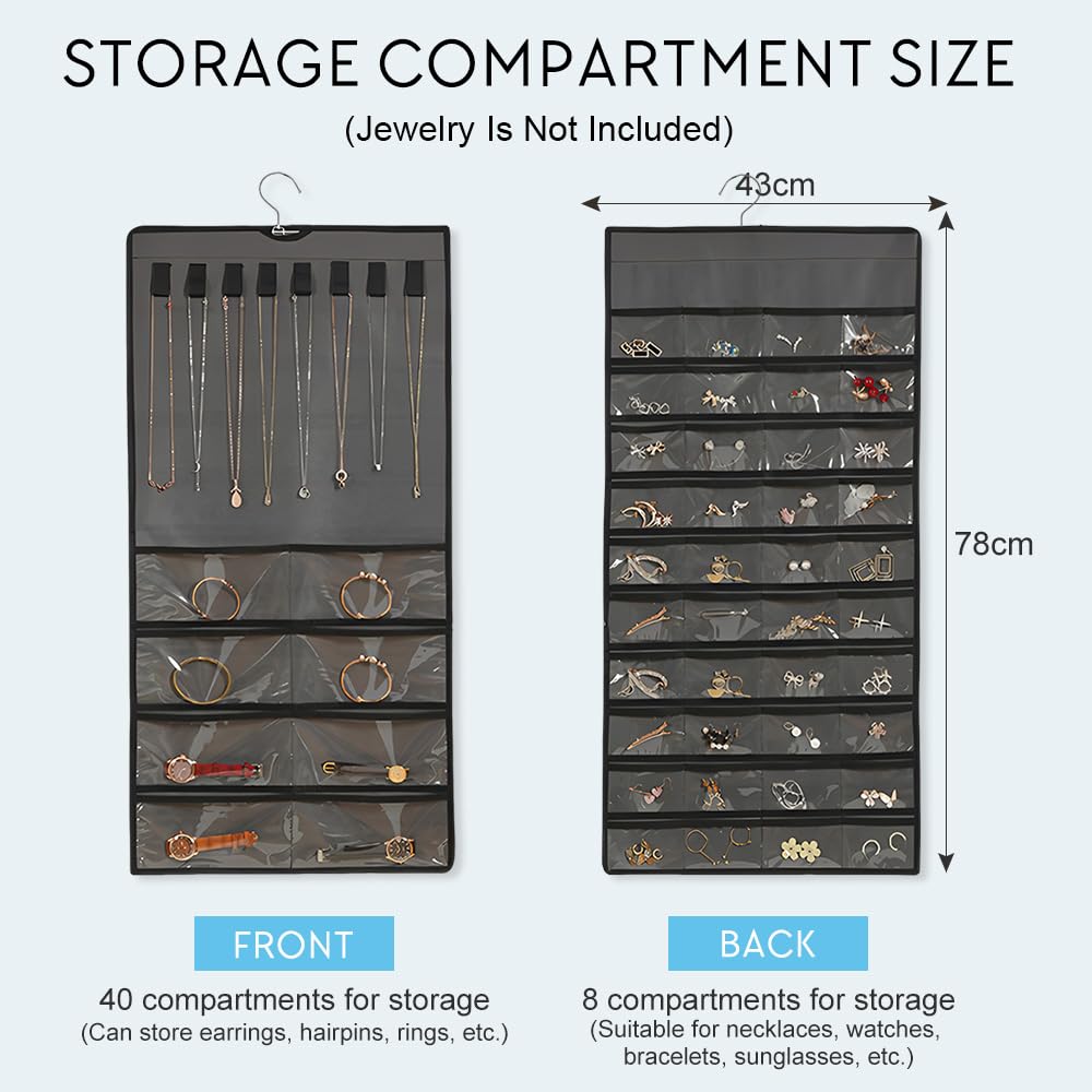 48 Compartimentos Organizador de Joyas Colgante 43 X 78 CM,Colgador Collares Pared con Ganchos,Soporte Collares Expositor para Colgar,Hanging Jewelry Organizer para Anillo, Pulsera -Gris