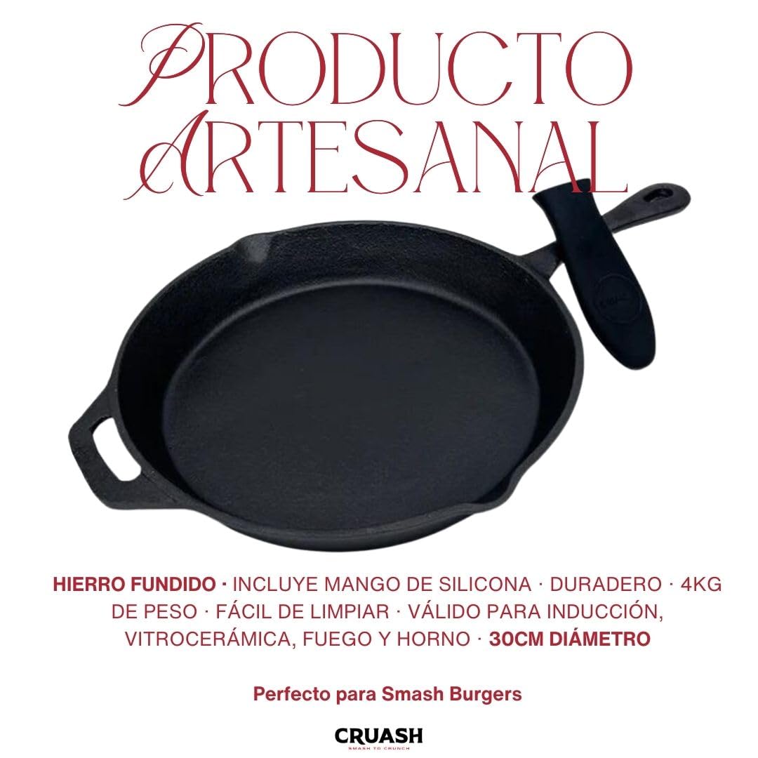 Cruash Padella in ghisa per induzione, piano cottura e fuoco, 30 cm, con manico in silicone, padella per Smash Burger