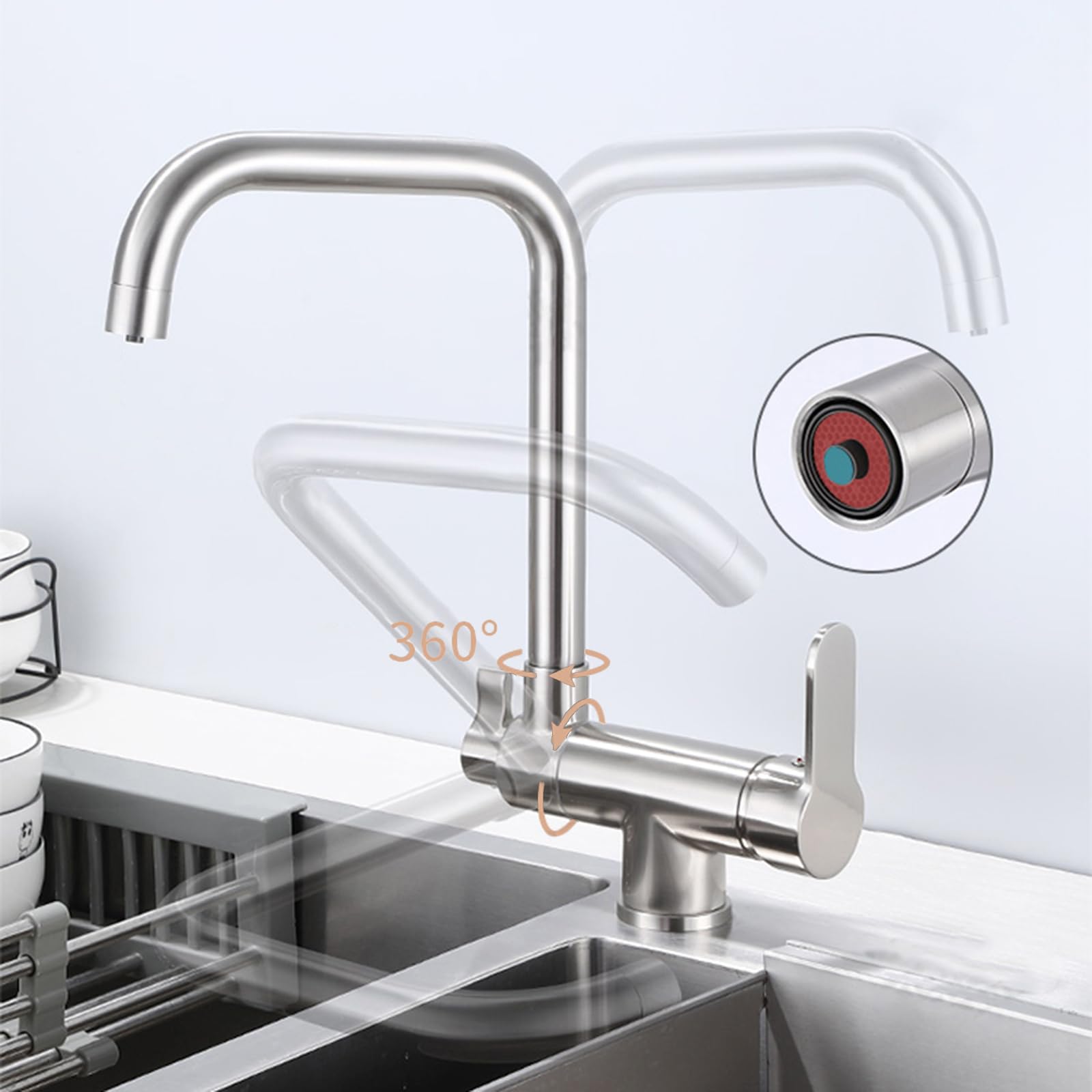 XJTNLB 3-Wege-Küchenarmatur – Drehbarer Vorfensterhahn Mit Klappfunktion, Chrom, Für Trinkwasserfilter & Warm/Kaltwasser