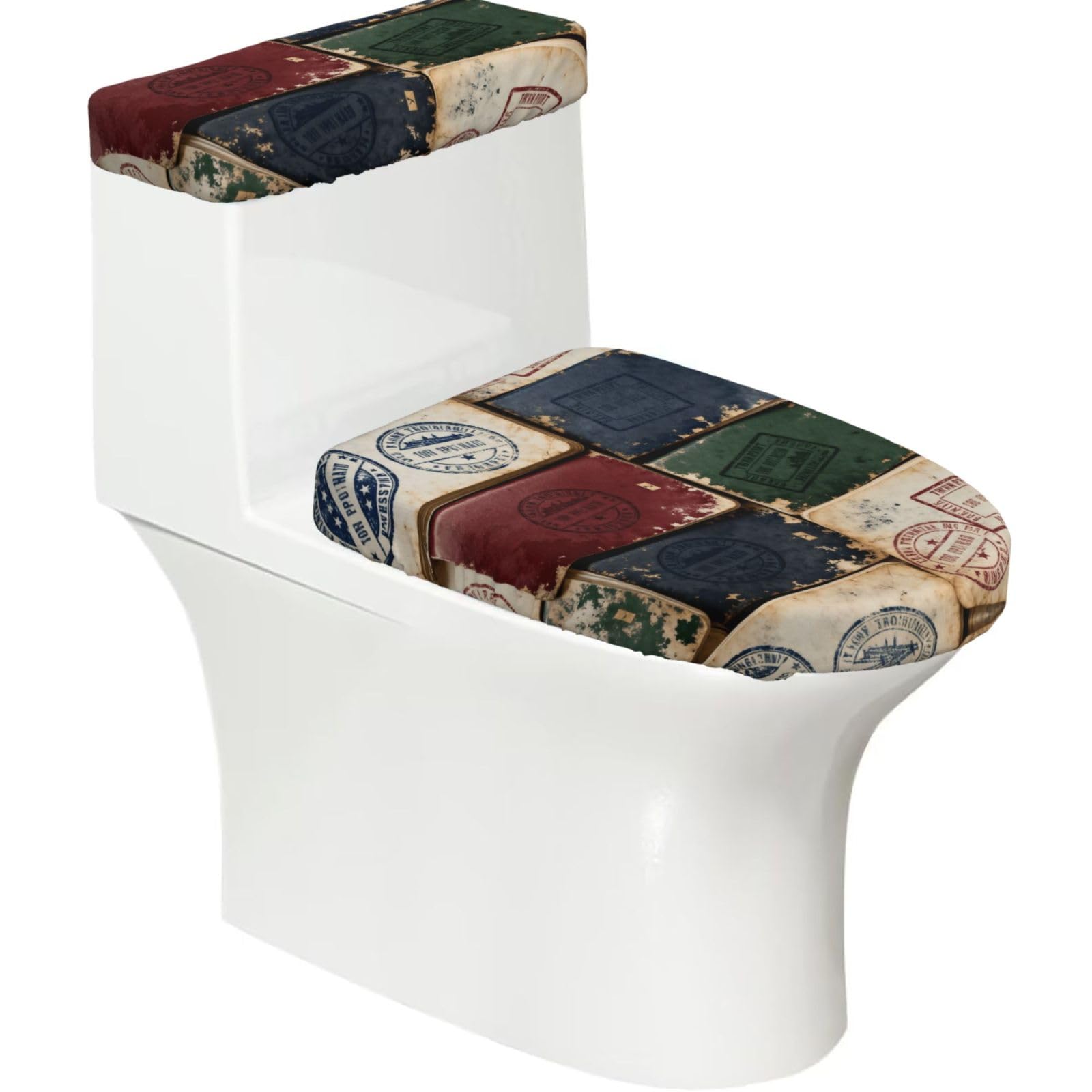 Passport Stamp Set Elastic Toilet Cover Set of 2-Stretchy Lid and Tank Covers for Bathroom, Soft Washable U Shape Toilet Decor